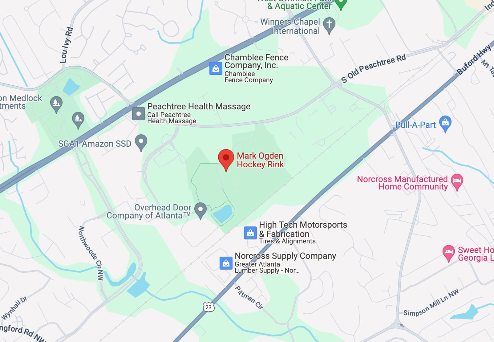 Map showing Mark Ogden Hockey Rink in Pinckneyville Park, Norcross. Opens in Google Maps.
